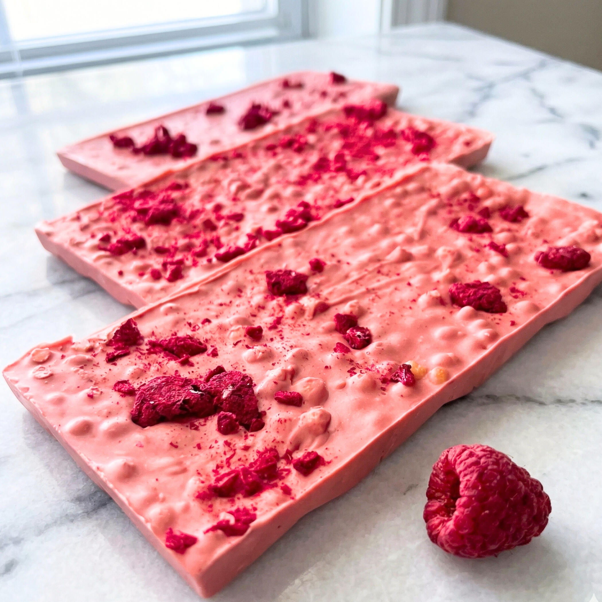 Naturally fruity ruby chocolate layered with raspberries and delicate wafer crispies. Naturally fruity ruby chocolate layered with raspberries and delicate wafer crispies.