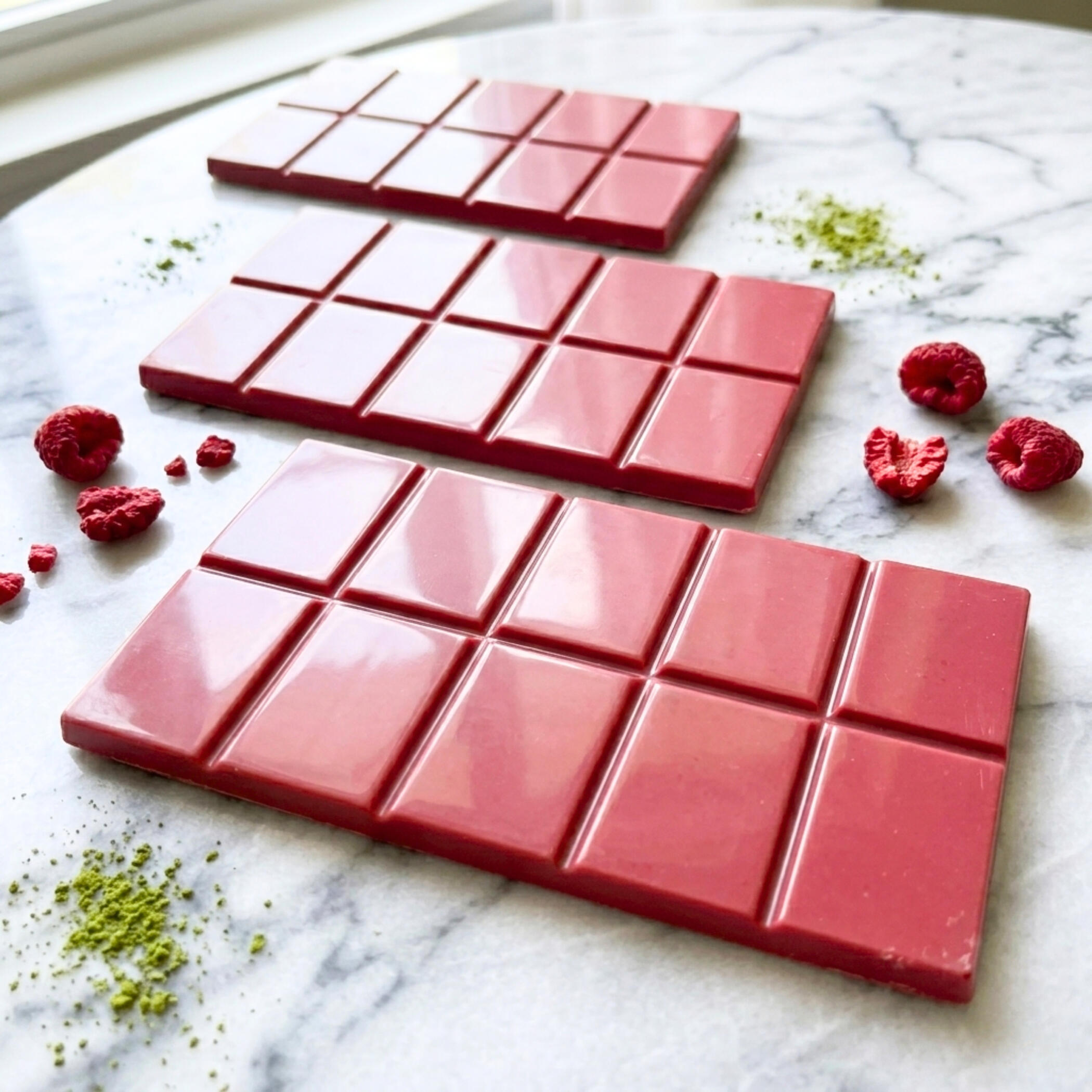 Fruity Belgian ruby chocolate with raspberries and crisp wafer crunch. Fruity Belgian ruby chocolate with raspberries and crisp wafer crunch.