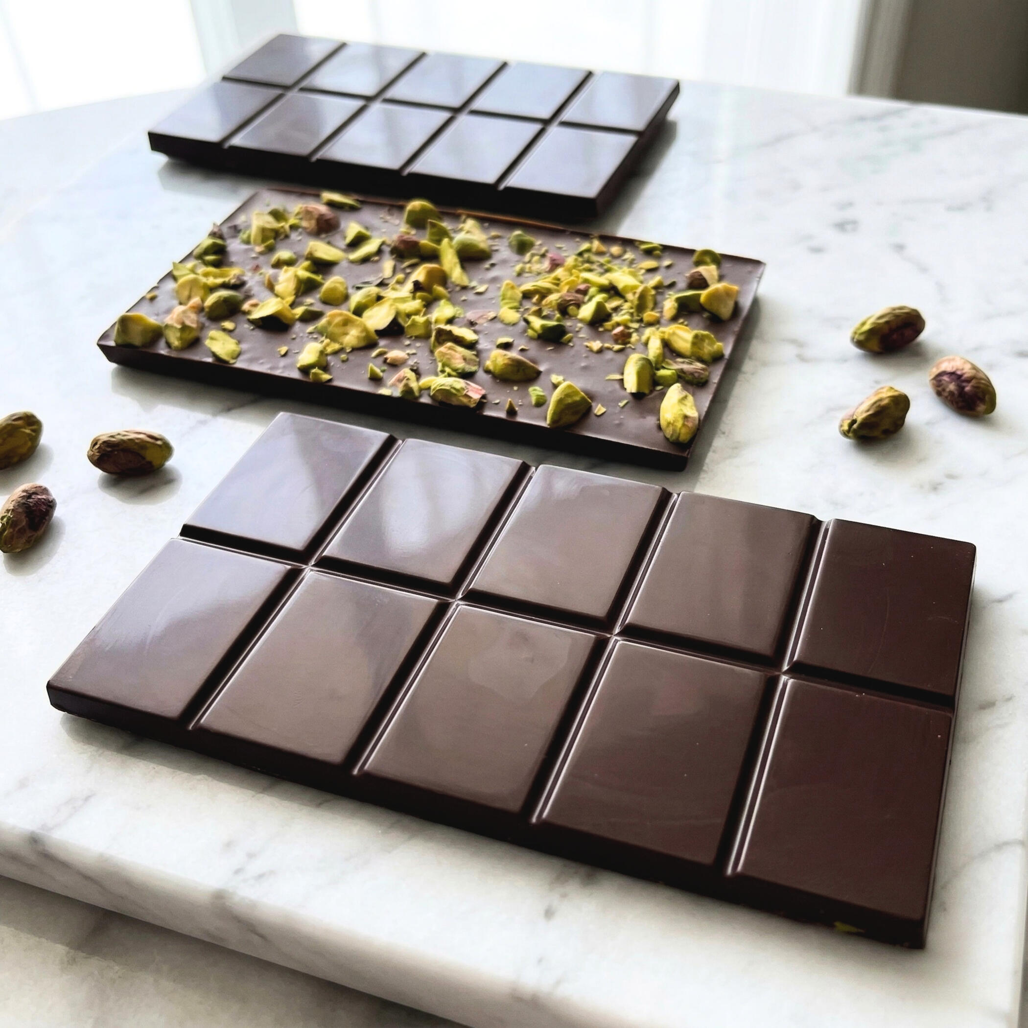 70% Peruvian dark chocolate with lightly roasted pistachios for a rich, nutty crunch. 70% Peruvian dark chocolate with lightly roasted pistachios for a rich, nutty crunch.