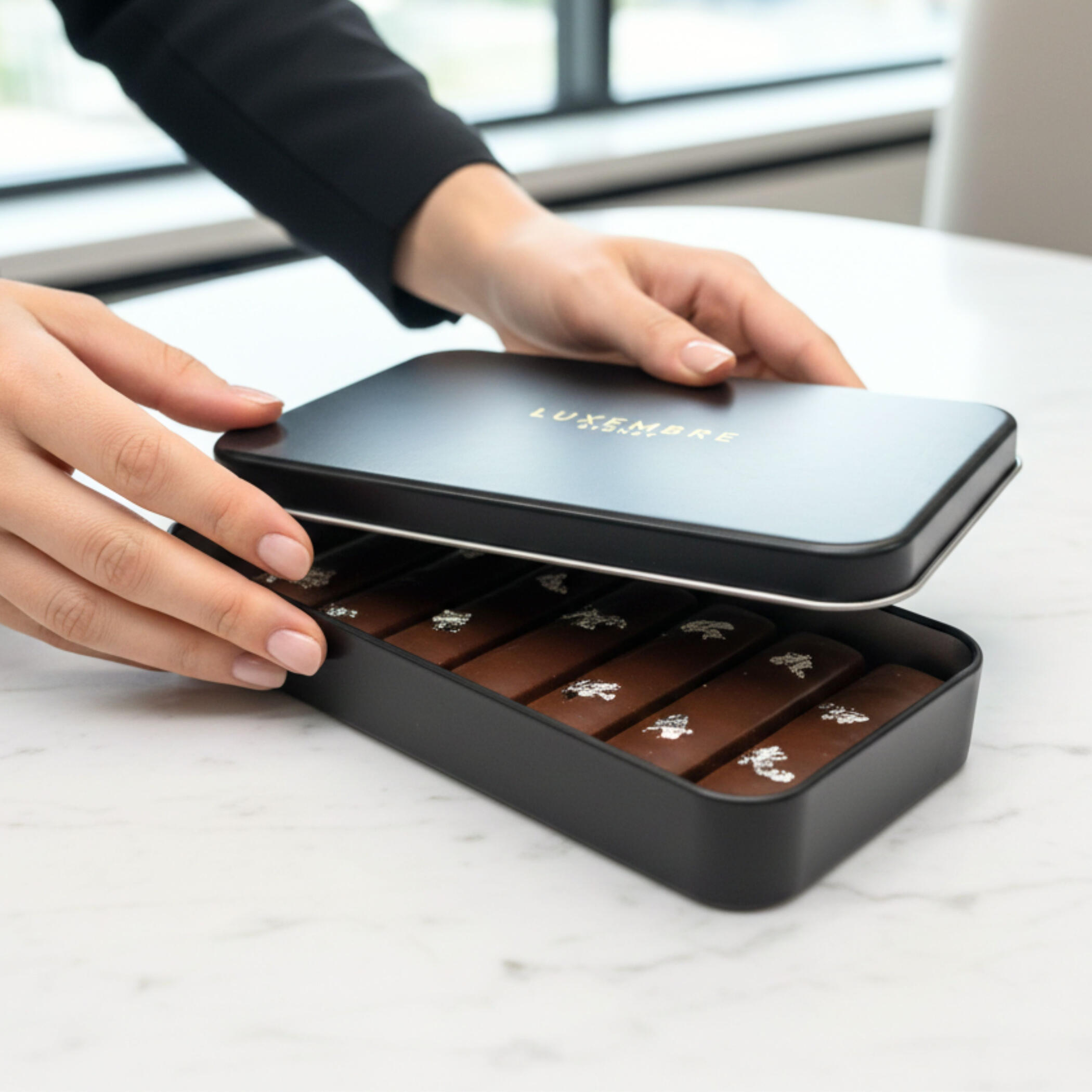 A refined matte black gift case with mini chocolate batons, crafted for elegant client appreciation and meaningful closing momen A refined matte black gift case with mini chocolate batons, crafted for elegant client appreciation and meaningful closing moments.