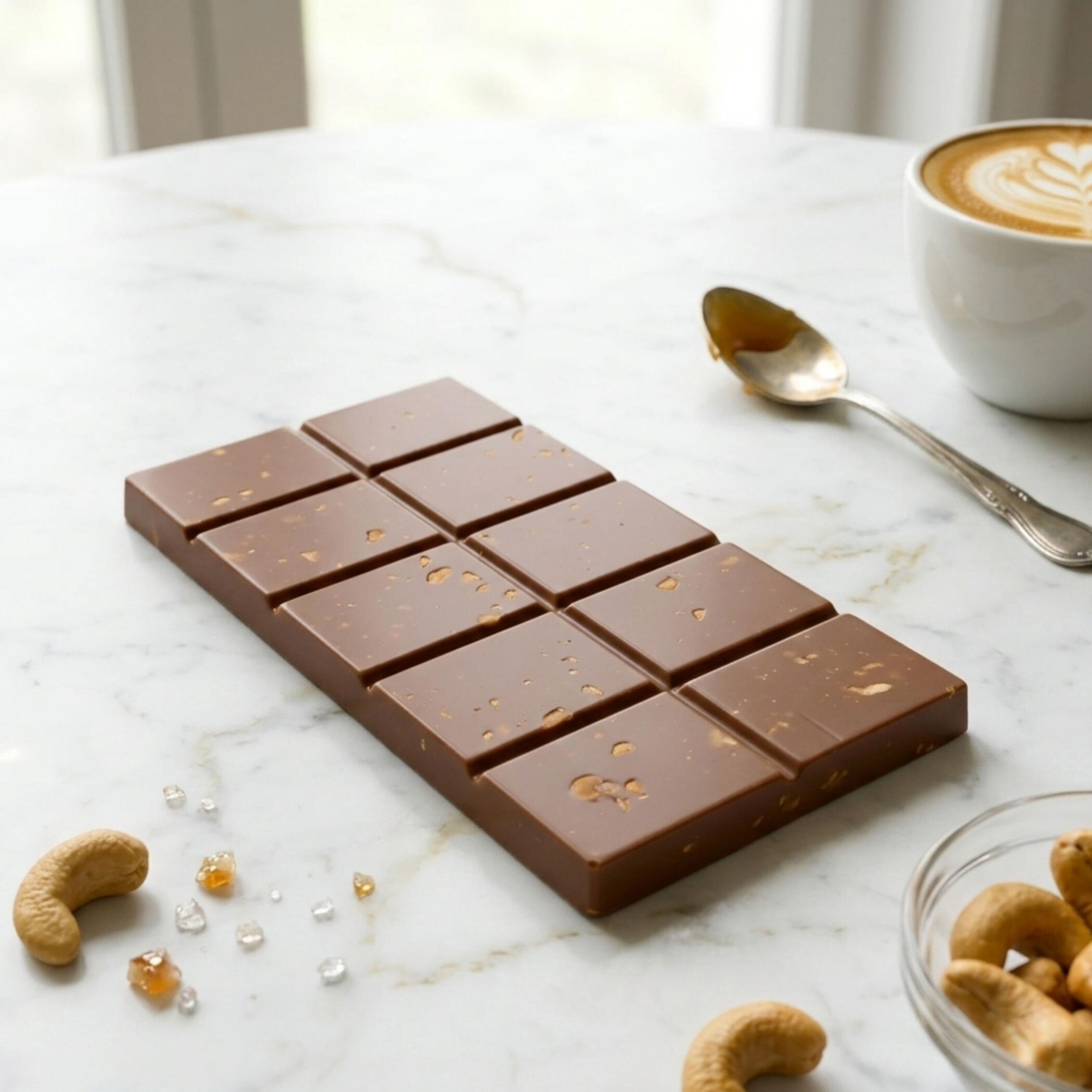 Creamy Belgian milk chocolate with roasted cashews, salted honeycomb and a touch of Maldon sea salt. Creamy Belgian milk chocolate with roasted cashews, salted honeycomb and a touch of Maldon sea salt.