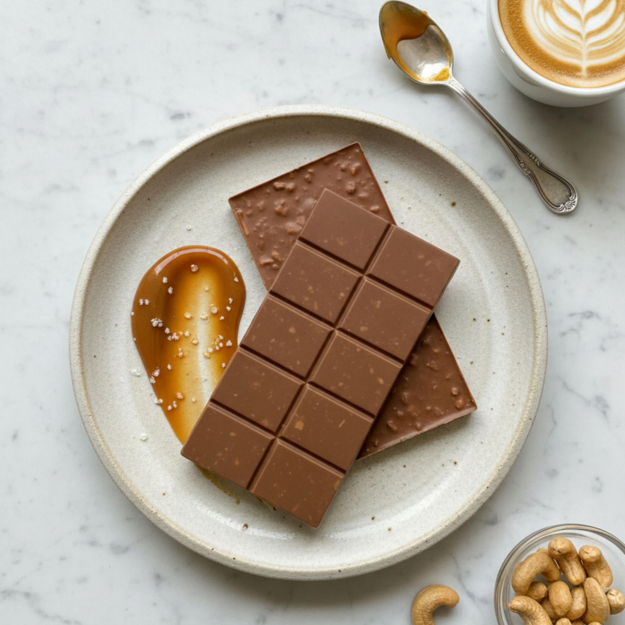 Creamy Belgian milk chocolate with roasted cashews, salted honeycomb and a touch of Maldon sea salt. Creamy Belgian milk chocolate with roasted cashews, salted honeycomb and a touch of Maldon sea salt.