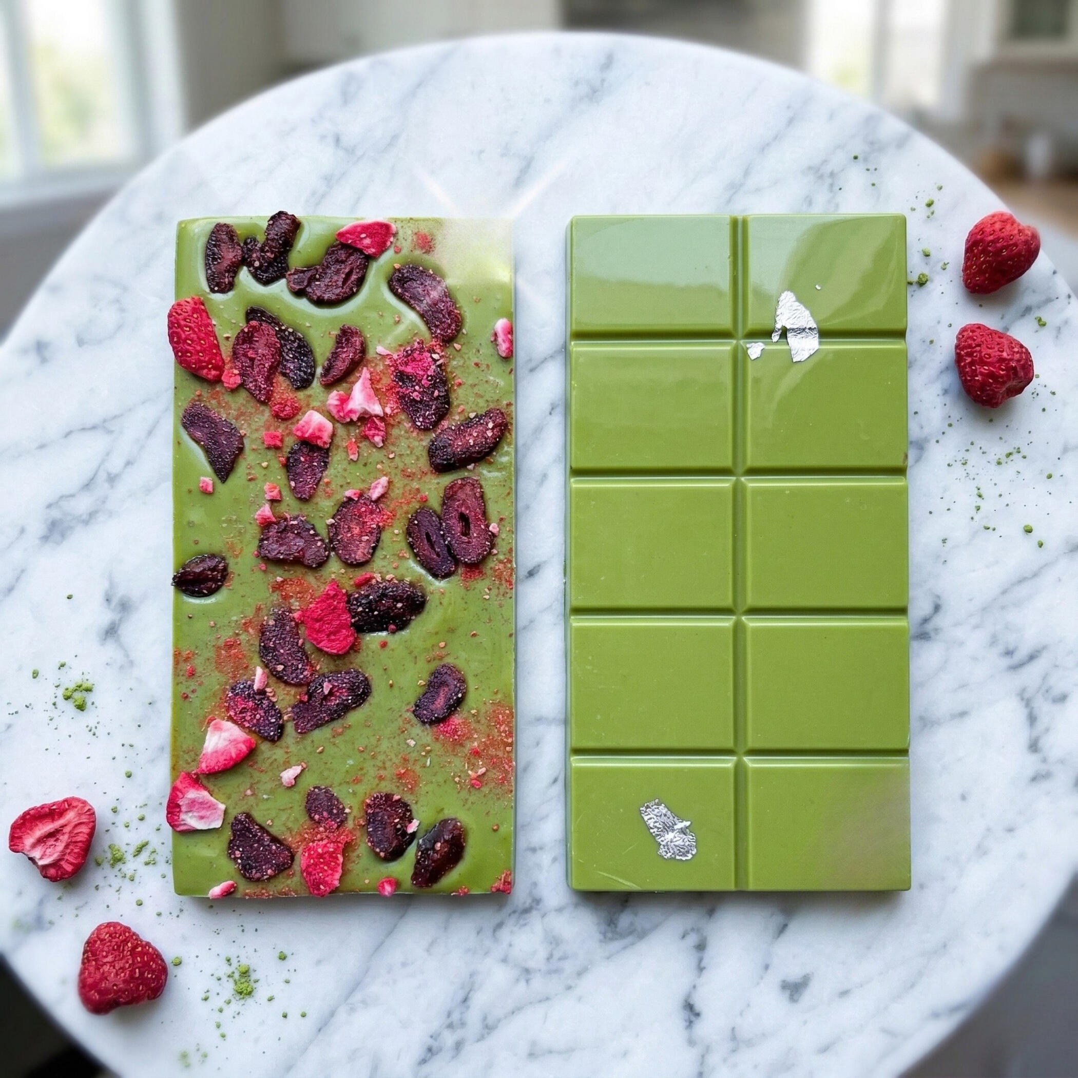 Creamy Belgian white chocolate with Uji matcha and Australian strawberries for a chewy-crunchy texture. Creamy Belgian white chocolate with Uji matcha and Australian strawberries for a chewy-crunchy texture.